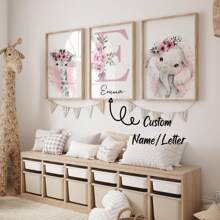 3pcs/Set, Custom Name Animal Wall Art, Personalized Jungle Animal Art Set, Custom Poster Printing, Theme Room Decoration - Set Of 3 Pink Animal Posters - Personalized Birth Gift - Custom Flower Initial Wall Art Gifts Birthday Graduation,Multi-Functional, Anti-Mold,Ornamental,Reusable,Comfortable,Stylish,Fashionable,Adorable,Tidy,Colorful,Custom,Personalized,Unique,Ideal Gifts For Him,Ideal Gifts For Her,Her,Girlfriend,Dad,Boyfriend,Family,Mom,Friends,Son,Daughter,Home,School,Dining Room,Living Room,Bedroom,Tea Room,Office,Graphic Print