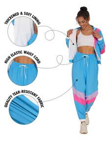 Women's Color Blocking Long Sleeve Top And Long Pants 80s 90s Tracksuit Set - 粉拼白 - 查看 7