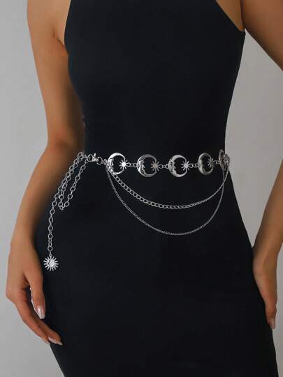 1pc Women Metal Crescent Moon Waist Belt, Adjustable Body Chain, Fashion Waist Decor For Dress