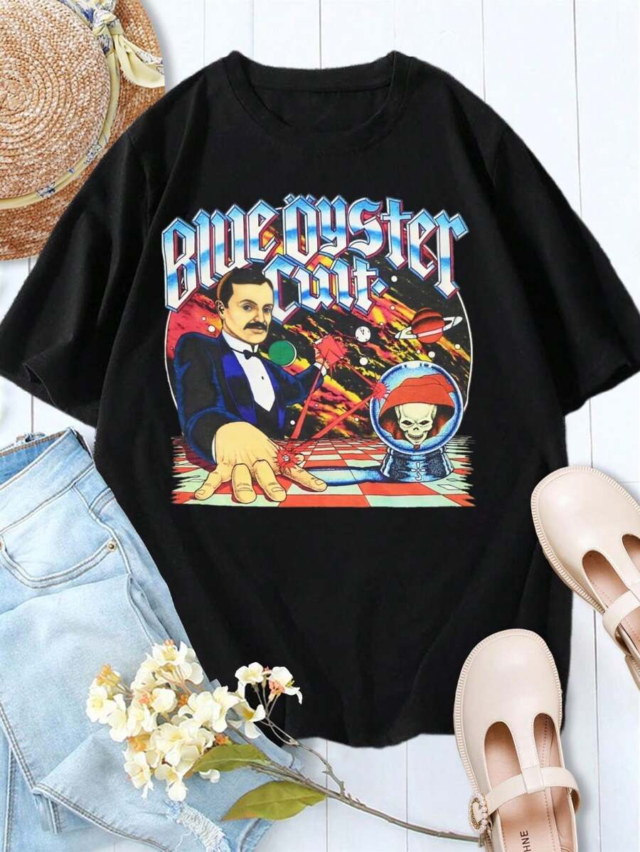 Women's Blue Oyster Cult T-Shirt Band Merch Vintage Rock Tee Music Apparel - màu đen - Xem 1