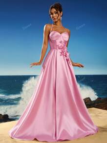 Toosun Women Elegant Solid Color 3D Floral Decor Backless Halter Formal Evening Gown, Party Dress, Wedding Guest Dress, Evening Dress