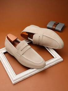 Men's Soft Leather Comfortable Loafers, Fabric Low-Cut Slip-On Shoes, Business Formal Shoes, Simple Professional Work Shoes, Casual Shoes, Fashionable Men's Dress Shoes With Comfortable Round Toe And Classic British Style, All-Match Wedding Shoes - Khaki - View 4