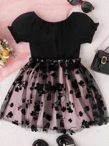 Vestido de verano para niña de 4 a 7 años, corte en A, manga corta, cuello redondo, lazo de flores, tul, patchwork, para fiesta - Negro - Ver 2