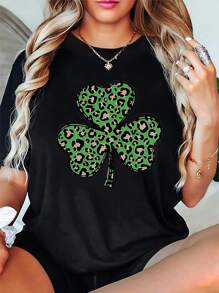 PAYEAH 1pcs Women's St. Patrick's Day Lucky Clover T-Shirt, Short Sleeve Round Neck Casual Tee For Women  220g Heavy Cotton T Shirt