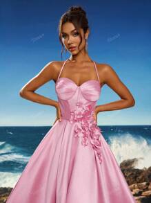Toosun Women Elegant Solid Color 3D Floral Decor Backless Halter Formal Evening Gown, Party Dress, Wedding Guest Dress, Evening Dress