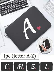 1pc Heart Shaped Pattern And Letter Print Handheld Laptop Bag, Simulated Diving Material Tablet Liner Bag, Apple Ipad Foam Protective Case, Computer Bag - Black - View 1