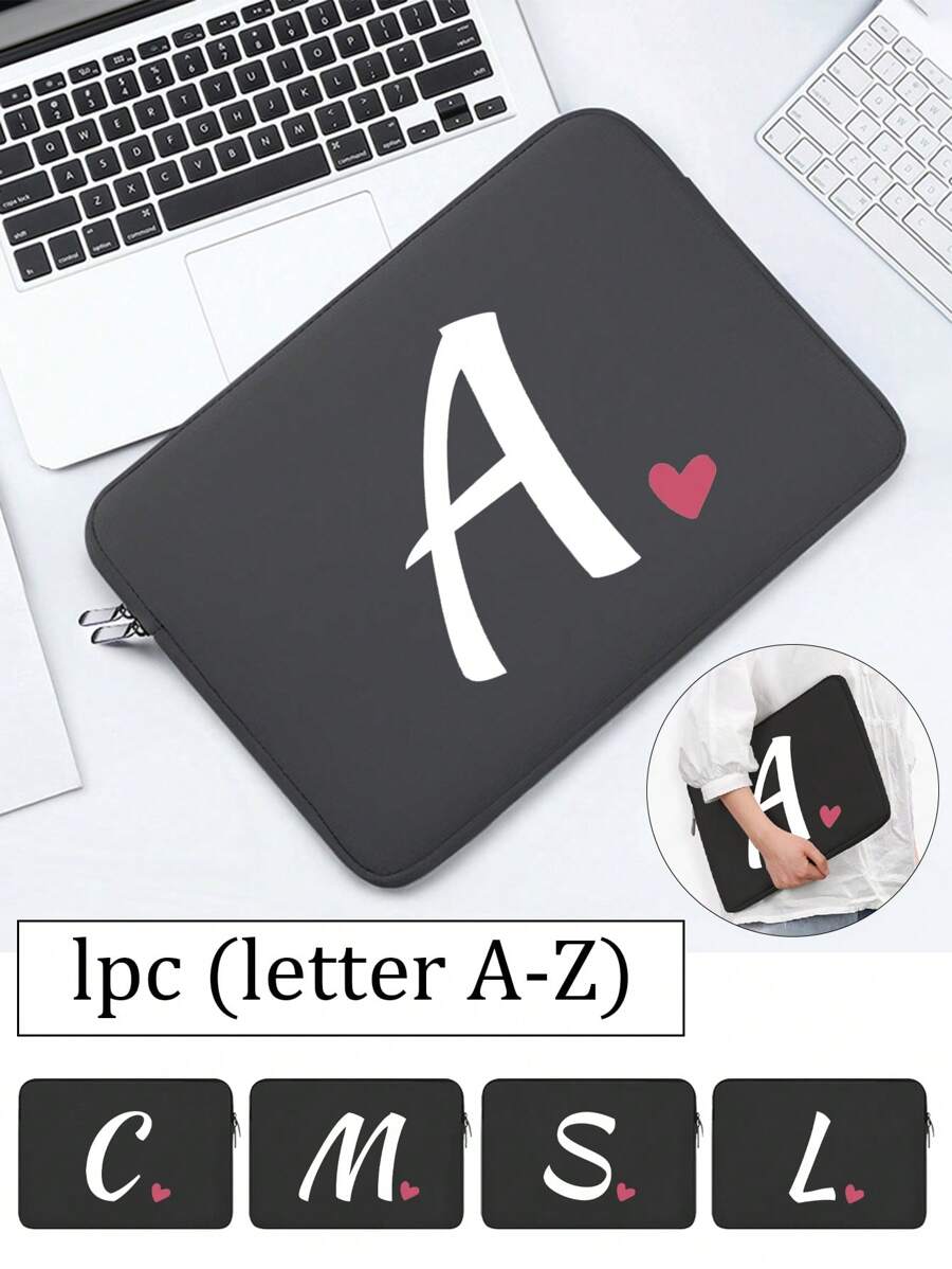 1pc Heart Shaped Pattern And Letter Print Handheld Laptop Bag, Simulated Diving Material Tablet Liner Bag, Apple Ipad Foam Protective Case, Computer Bag - Black - View 1