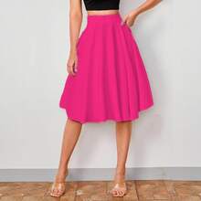 Conjunto falda y camiseta manga corta cintura alta vuelo ajuste femenino - Rosa Fucsia - Ver 4