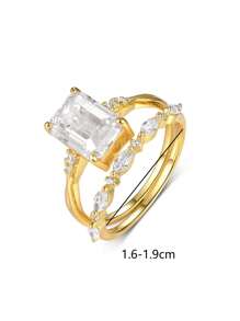 2 件套奢华 925 纯银方晶锆石戒指，适合女性订婚、宴会、日常佩戴、婚礼季节、情人节礼物 - 金色 - 查看 4