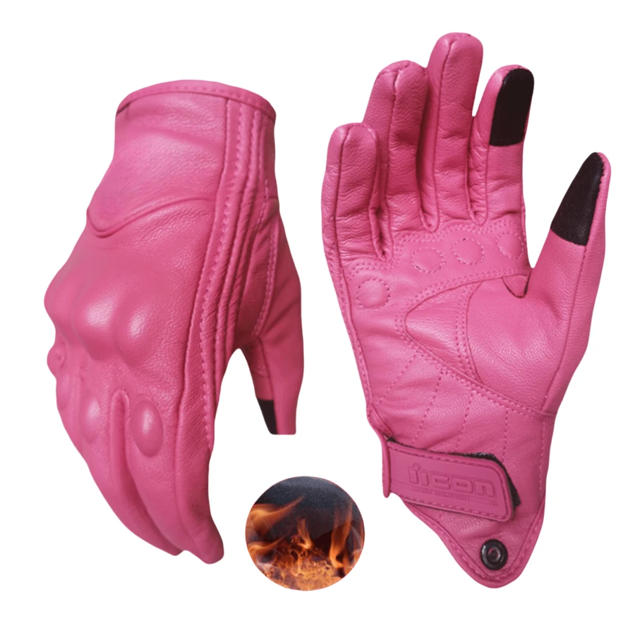 Pink Leather Touch - Screen Motorcycle Gloves: Cold - Resistant, With Protective Pads For Women - 粉色 - 查看 1