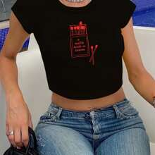 1pc Y2K Vintage Style Women'S Crop Top Tee, "A Match Made In Heaven" Letter Print, Crew Neck, Short Sleeve, Knit Polyester Fabric, Stretch Fit, Spring & Summer Casual Wear - 黑色 - 查看 1