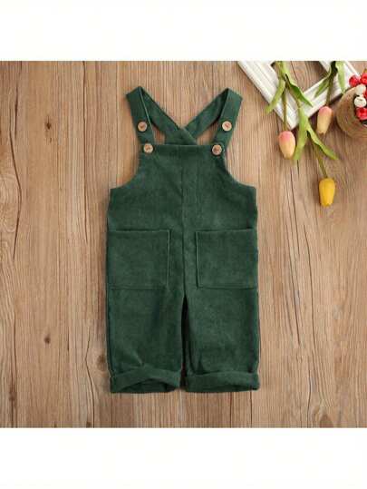 Baby Boy Girl Velvet Overalls Solid Suspender Bib Pants One-Piece Strap Jumpsuit Pocket Fall Winter Outfit