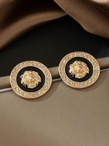 1 对时尚朋克水钻狮头耳钉男士 - 金黃色 - 查看 4