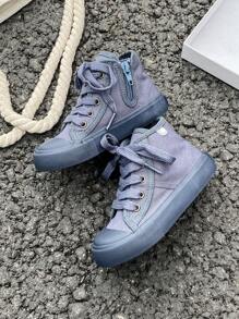 经典白色帆布鞋，儿童中帮运动鞋，男孩和女孩，春秋季，韩版简约，时尚低帮系带休闲运动帆布鞋 - 藍色 - 查看 4