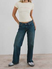 Women's Trendy Short Casual Tops Short Sleeve Round Neck Party Letter/Cherry/Goblet Print T-Shirt - Milky - View 3