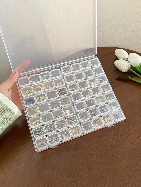 1pc Disassembled 56 Grid Plastic Transparent Jewelry Storage Box, Desktop Organizer For Small Accessories Back To School