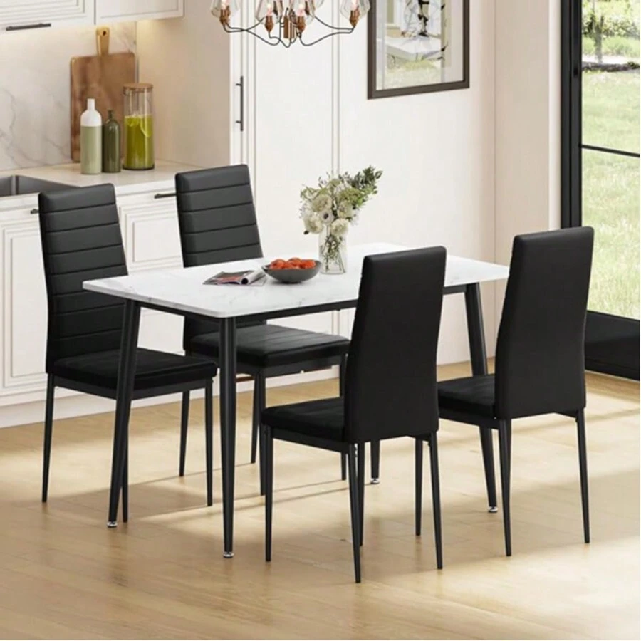 Dining Table And Chairs Set Of 4, 120CM Marble Effect Dining Table With 4 Faux Leather High Back Dining Chairs,Modern Dining Table Set For Home/Kitchen Office - Black Chair + White Table - View 1