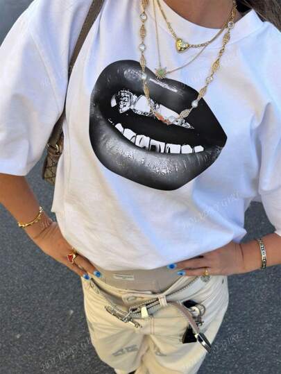 Women's Summer Casual Personalized Printed Pattern Round Neck T-Shirt Fashionable And Versatile. Summer Tops White Top Pink Top