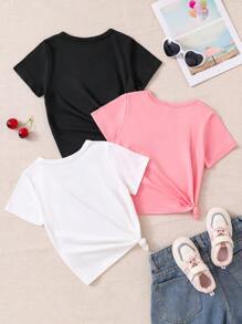 3pcs Girls Versatile Outdoor Summer Knit Short Sleeve T-Shirt, Fruit & Letter Graphic, Fashionable & Comfortable Breathable Vacation Wear For Toddlers & Little Young Girl