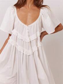 Women Summer Backless Beach Long Dress Elegant Short Sleeve Back Low-Cut Loose Casual Swing Maxi Dresses - 白色 - 查看 4