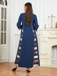 花卉圖案亮片缺口V領連衣裙 - 藏蓝色 - 查看 3