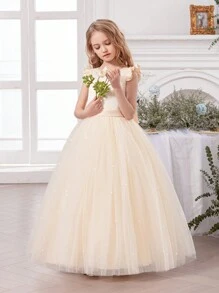 香槟色短袖手工串珠蝴蝶结女童圣诞派对优雅礼服，公主裙，适合女孩生日派对、舞会、毕业典礼、婚礼伴娘、节日庆典等场合。