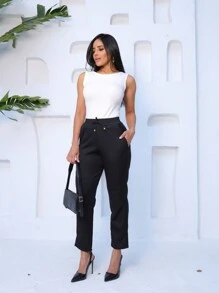 Women's Casual Tailored Trousers With Elastic Waist And Elegant Pockets - 黑色 - 查看 3