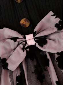 Vestido de verano para niña de 4 a 7 años, corte en A, manga corta, cuello redondo, lazo de flores, tul, patchwork, para fiesta - Negro - Ver 5