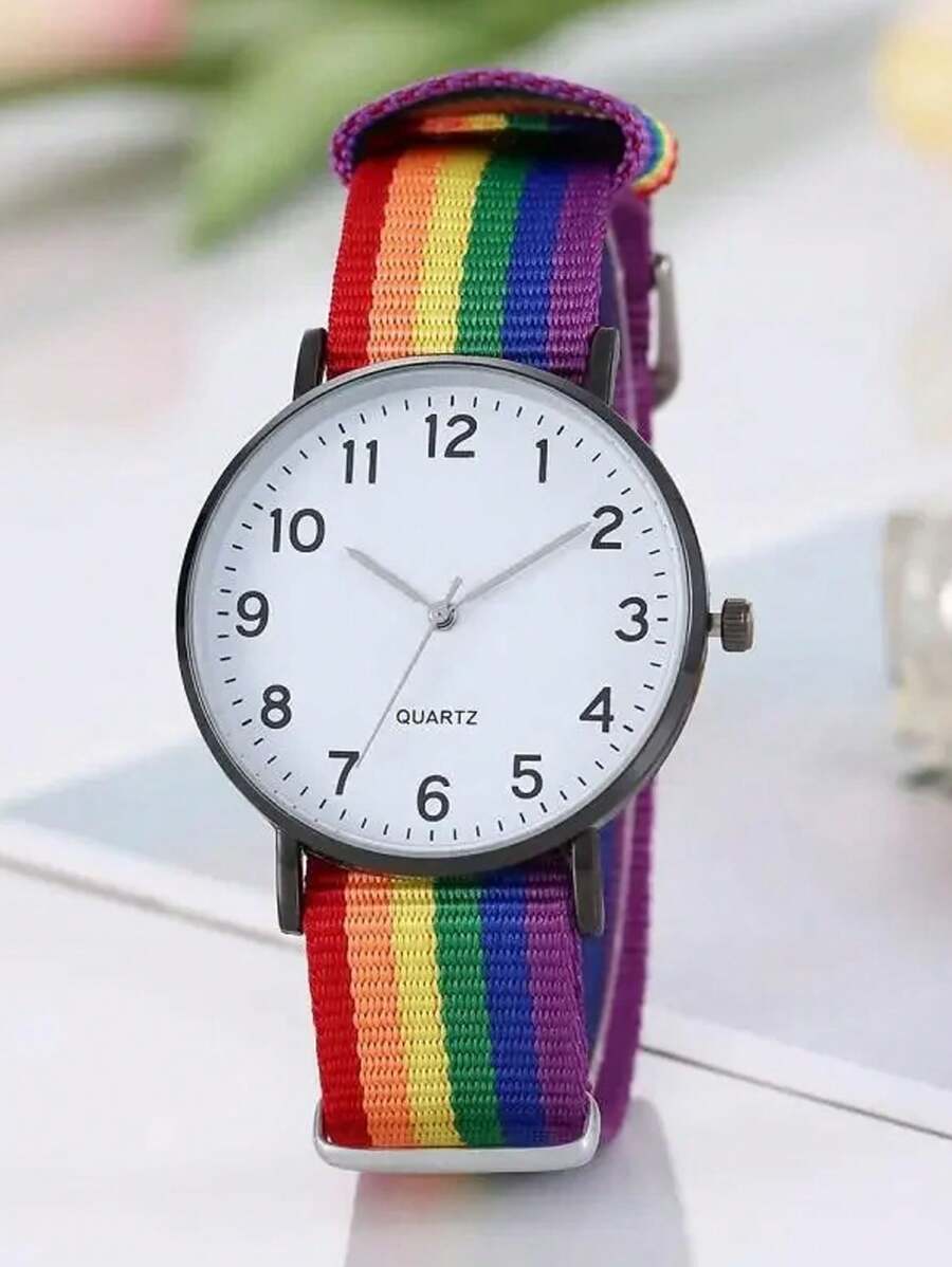 1pc Women's Fashionable & Casual Minimalist Rainbow Nylon Strap Quartz Watch With Round Numeric Dial - Black - View 1