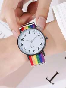 1pc Women's Fashionable & Casual Minimalist Rainbow Nylon Strap Quartz Watch With Round Numeric Dial - Black - View 2