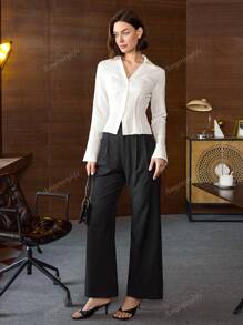 Women's Solid Color Single-Breasted Long Sleeve Shirt, Old Money Style Top, Summer