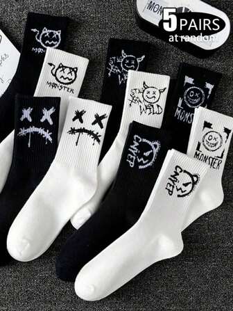 1/5 pares de calcetines de media caña cómodos y personalizados en blanco y negro aleatorios, para otoño