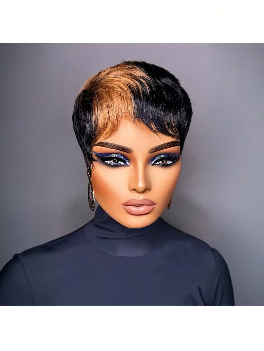 女士时尚短发假发 - 无胶巴西真人头发，黑色带棕色挑染，短直发带刘海，180% 密度，全机器制作，无蕾丝前部 - 間色 - 查看 1