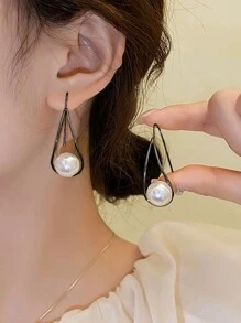 1 对优雅复古风格人造珍珠独特奢华铜质女式耳环 - 槍黑色 - 查看 3