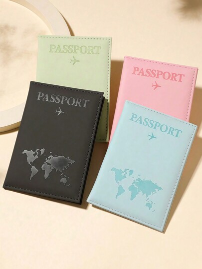 Matte PU Material Passport Cover, Printed With World Map And Letter Pattern, Lightweight And Portable, Unisex, Couples/Family Passport Holder Set, Essential Travel Accessory For Vacation/Back To School