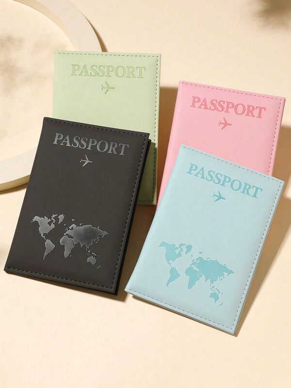 Matte PU Material Passport Cover, Printed With World Map And Letter Pattern, Lightweight And Portable, Unisex, Couples/Family Passport Holder Set, Essential Travel Accessory For Vacation/Back To School