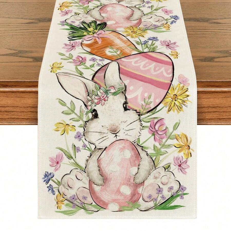 1pc Easter Bunny & Egg Table Runner, Seasonal Spring Kitchen/Dining Table Decor, Home Party Decoration, 13x72 Inches