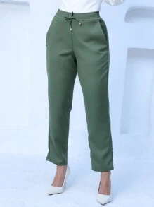 Women's Casual Tailored Trousers With Elastic Waist And Elegant Pockets - xanh quân đội - Xem 1