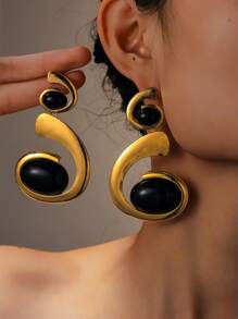 1pc Fashionable Geometric Asymmetrical 3D Spiral Acrylic & Metal Combination Statement Dangle Earrings, Versatile For Daily And Party Wear - Golden Yellow+Black - View 2