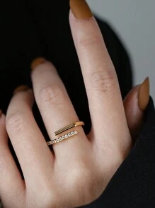 1 件简约 S925 纯银镀 14K 金几何戒指微镶嵌锆石开口戒指适合女孩/女士/女友/母亲派对约会礼物日常佩戴生日礼物 - 金色 - 查看 4