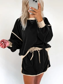 Loose Casual Suit For Women Simple Style Color Block Two-Piece Set For Women - Black - View 2