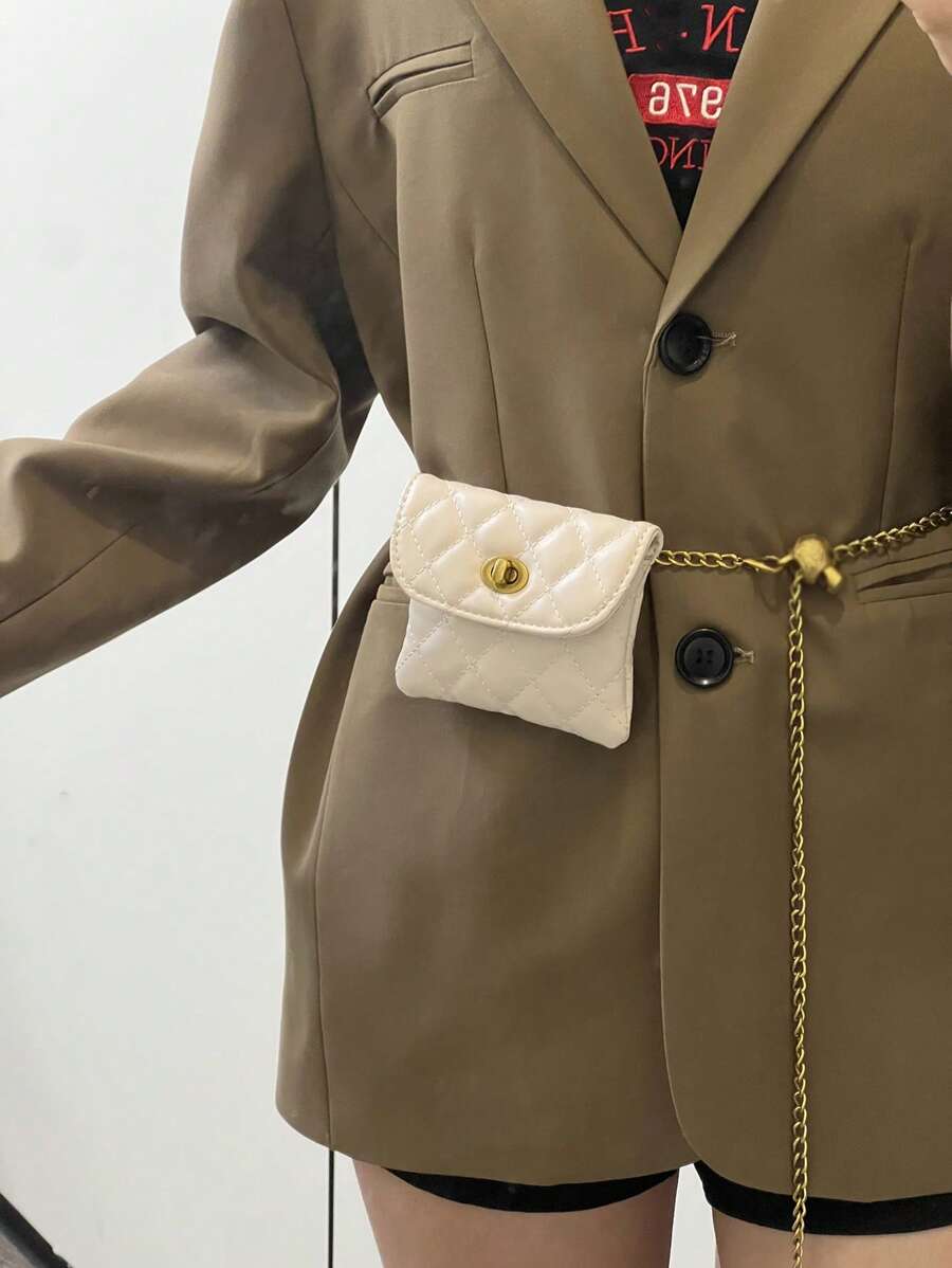 New Fashionable Versatile Rhombic Embroidery Detachable Delicate Chain Mini Multifunctional Fanny Pack/Shoulder Bag, Western Purse For Women - Beige - View 1