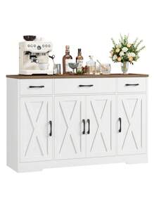 Sideboard, 140cm Kitchen Cabinets With 3 Drawers, Wooden Storage Cupboard Cabinet For Kitchen With 2 Adjustable Shelves, Living Room, Dining Room, Hallway, White & Brown - White - View 1