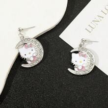 Sanrio 1 Pair Of Exquisite And Beautiful Earrings, Sanrio Earrings, Cute KT Cat, Alloy Material, With Red Bow And Diamond Pattern On It, Fashionable And Cute, Suitable For Various Occasions (Party, Festival, Leisure, Outdoor Decoration) Diy Earrings, Can Be Given As Holiday Gifts, (Christmas, Valentine's Day),Mom,Mother,Mother's Day,Gift