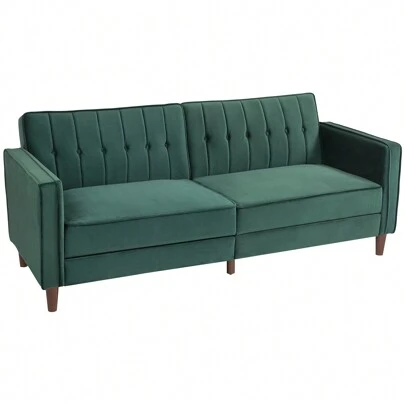  HOMCOM Modern 3 Seater Velvet Sofa Bed, Click Clack Sofa Bed, Button Tufted Sleeper Couch With Split Reclining Backrest And Rubber Wood Legs, Green