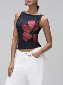 Women Y2k Floral Crop Tank Tops Crew Neck Sleeveless Vest Tops Slim Fit T-Shirt Graphic Printed Tees Flower Print Summer Casual Going Out Tops For Party Club Streetwear Vintage Aesthetic Clothes - 黑色 - 查看 6