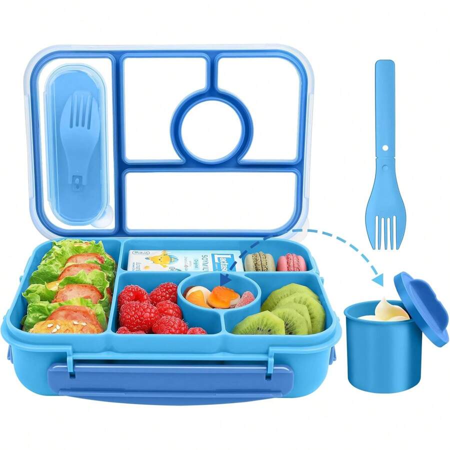 Lunch Box, Bento Box, Lunch Containers For Adults/Kids/Toddler,5 Compartments Bento Lunch Box With Sauce Vontainers,Microwave & Dishwasher & Freezer Safe, - Blue - View 1