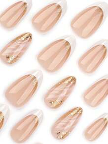 24 件杏仁形丙烯酸按压指甲假指甲，白色法式尖头和金色闪光指甲条纹指甲设计美甲简约经典风格设计假指甲，美甲用品批发，派对、约会和日常佩戴凝胶指甲套装 - 白色 - 查看 2