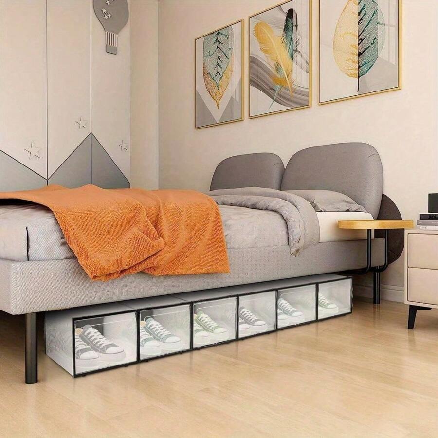 6 X Clear Plastic Shoe Storage Boxes Drawer Stackable Foldable Durable Organiser - Variant1 - View 1