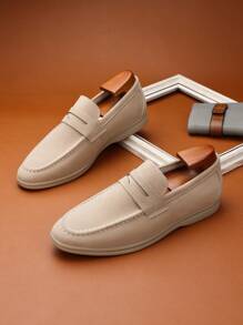 Men's Soft Leather Comfortable Loafers, Fabric Low-Cut Slip-On Shoes, Business Formal Shoes, Simple Professional Work Shoes, Casual Shoes, Fashionable Men's Dress Shoes With Comfortable Round Toe And Classic British Style, All-Match Wedding Shoes - Khaki - View 5